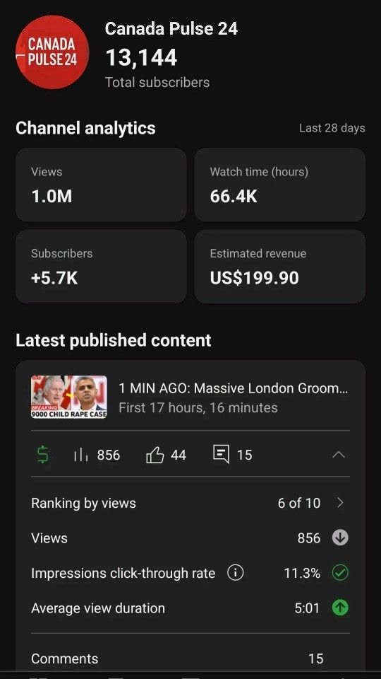 News channel monetised — 1.0M views · US$199.90