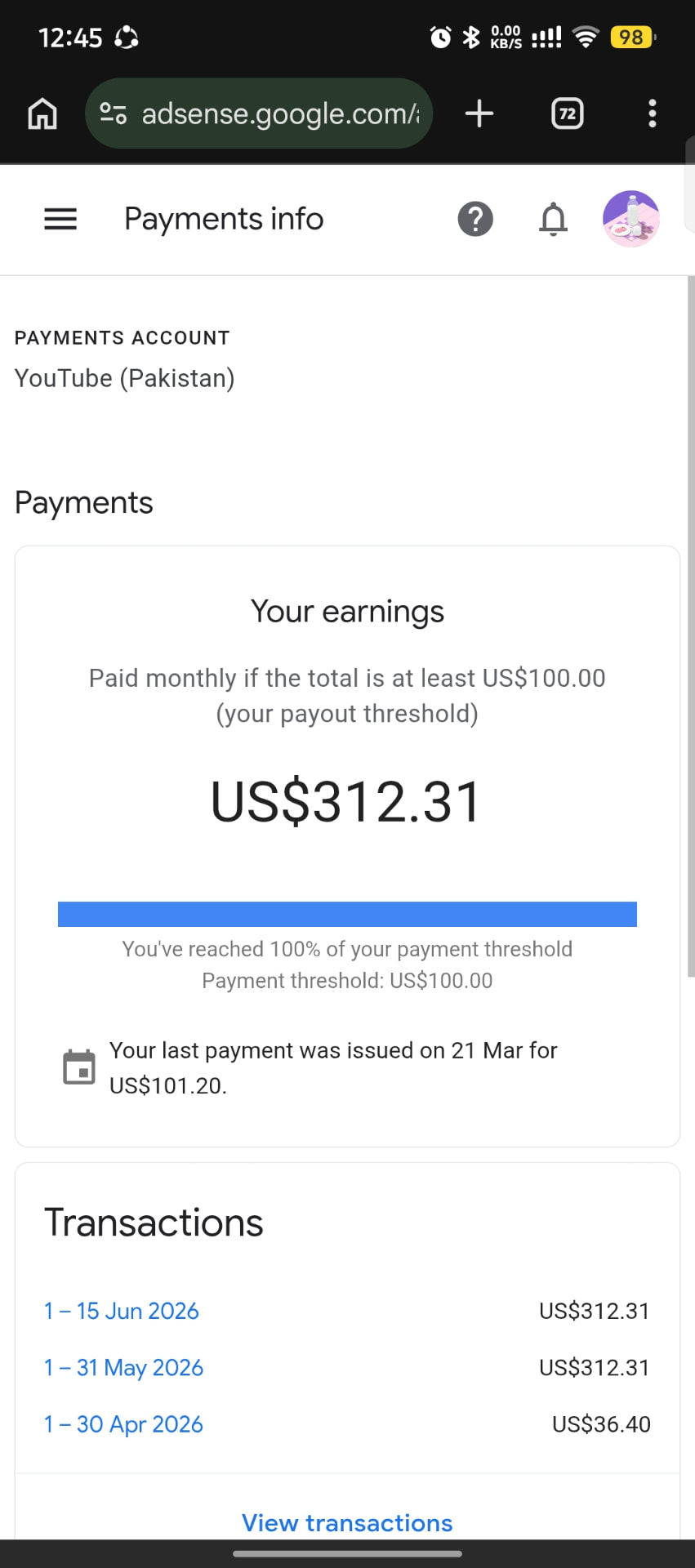 AdSense payments info showing monthly payouts