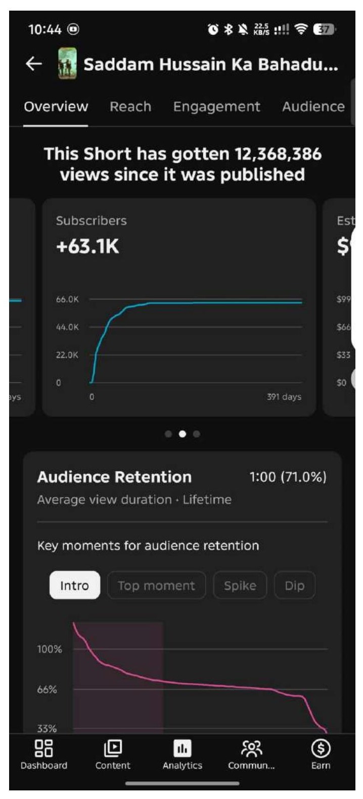 YT Studio · Overview · Lifetime 391 days — verified analytics screenshot